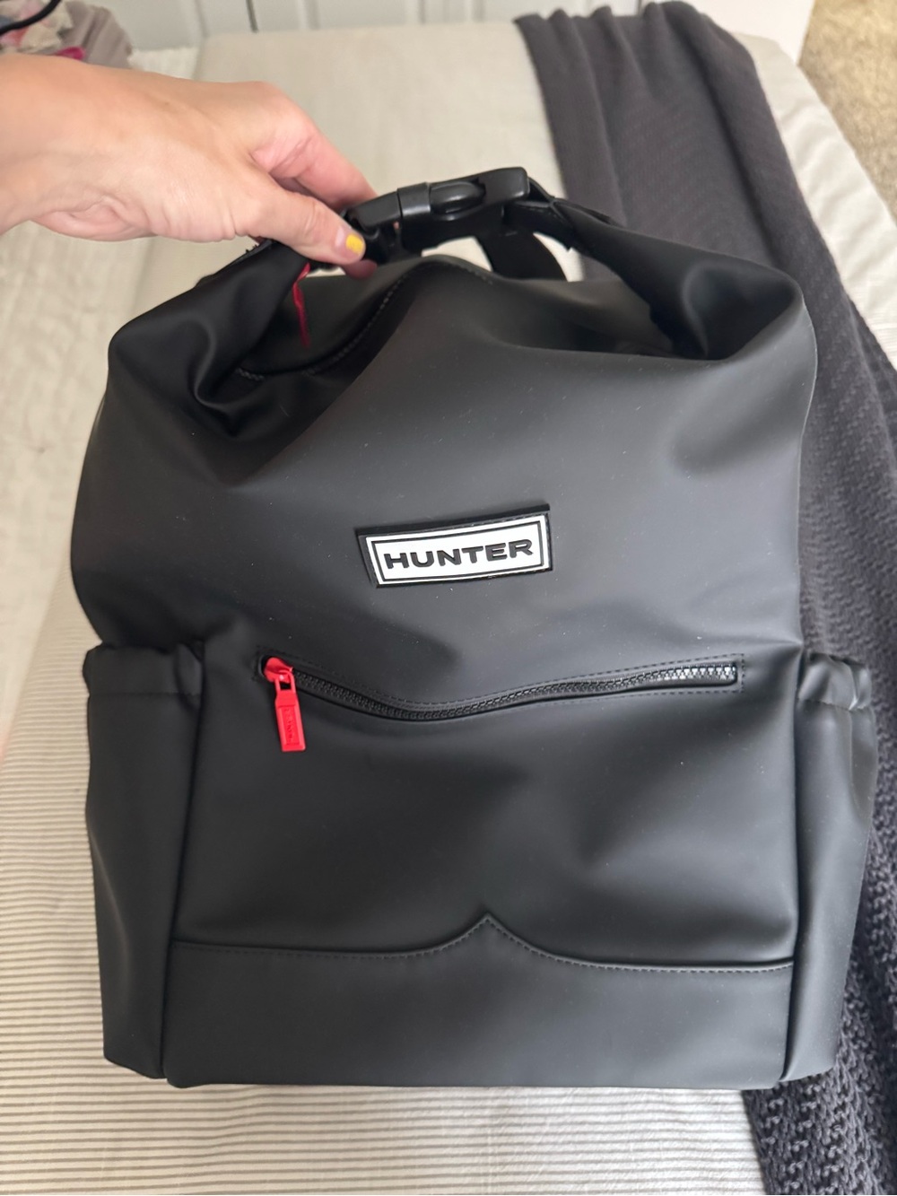 Hunter Black Roll-Top Backpack with Red Accents